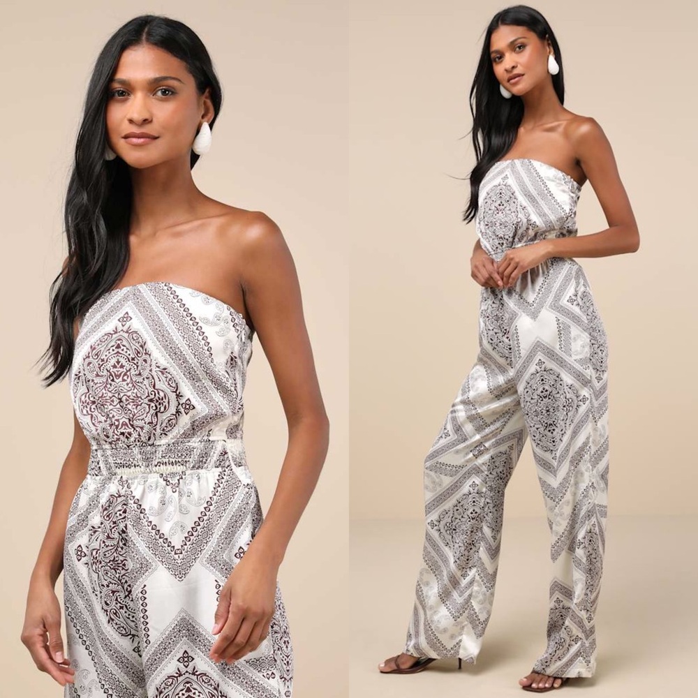 NWT LULUS Satin Western Scarf Print Strapless Smocked Waist Festival Jumpsuit XS
